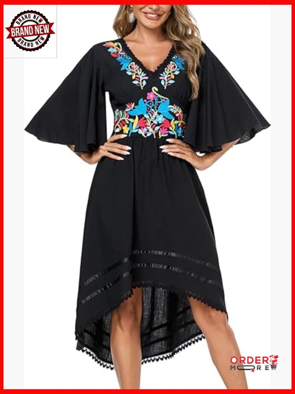 Floral Embroidered V-Neck Flowy 3/4 Sleeve Sundress Cocktail Dress